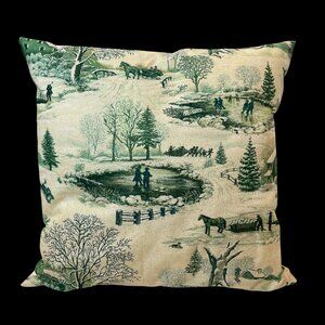 Handmade Vintage Inspired Winter Scene Throw Pillow Cover 18" X 18" Cotton Blend